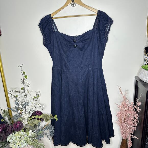 COLLECTIF Dolores Denim Doll Swing Midi Dress Dark Wash Sz 4XL UK 22 {3U8} - Picture 2 of 5